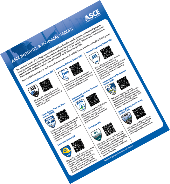 ASCE Institute and Technical Groups flier with QR codes